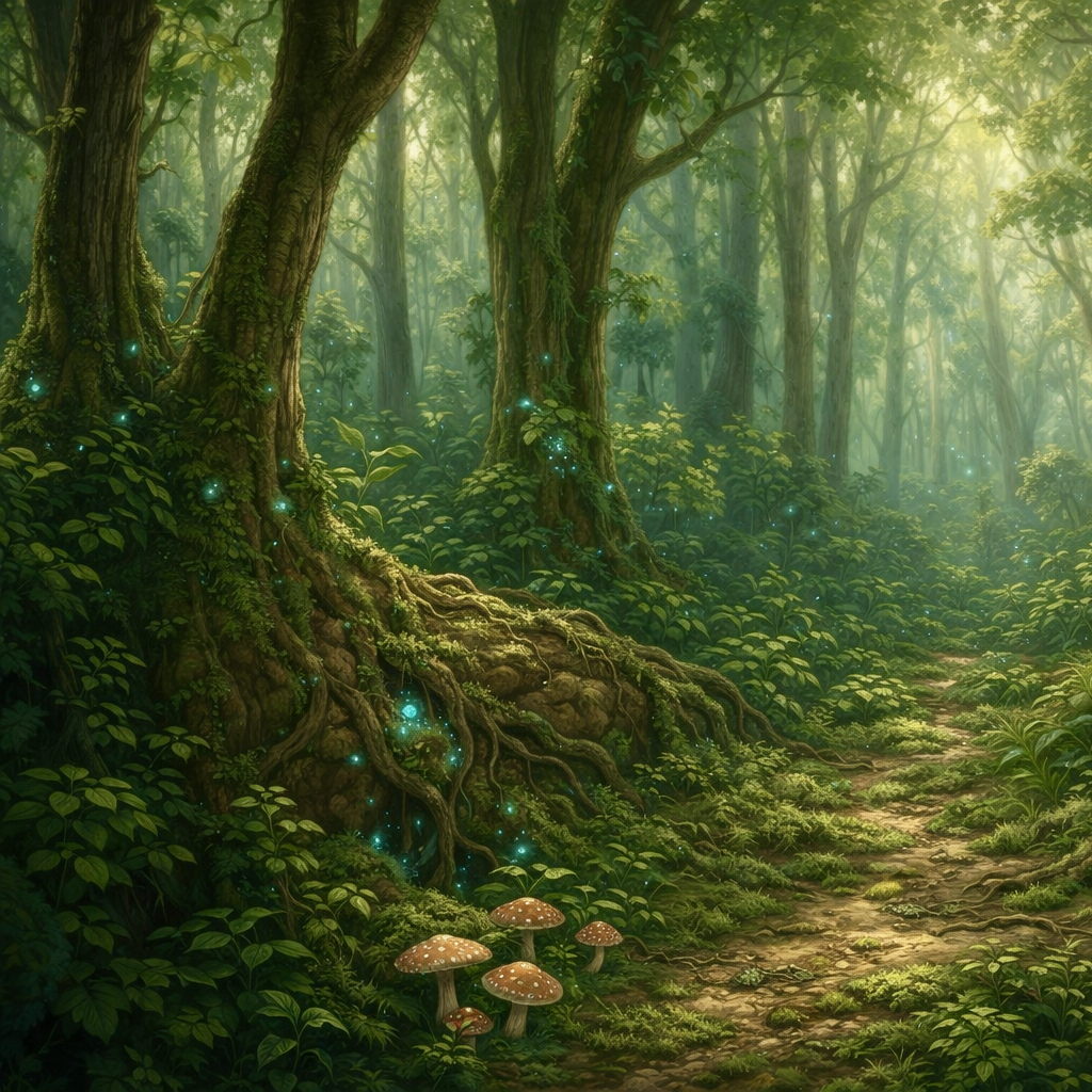 Die magischen Wälder Lúmirs Dichter Wald mit lichtdurchfluteten Bäumen, Moos, Pilzen und leuchtenden Elementen.